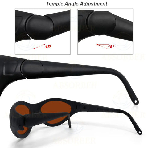 Temple angle adjustment feature of Top Shelf Professional Laser Safety Glasses With OD 8 Plus Tough Eye Protection for different fits.