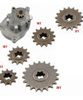 Heavy Duty Steel Front Drive Sprocket Compatible With 47Cc And 49Cc ATVs Using T8F Chain Specs Offered In 11 To 20 Tooth Variants shown in various sizes.