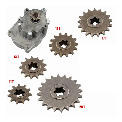 Heavy Duty Steel Front Drive Sprocket Compatible With 47Cc And 49Cc ATVs Using T8F Chain Specs Offered In 11 To 20 Tooth Variants shown in various sizes.