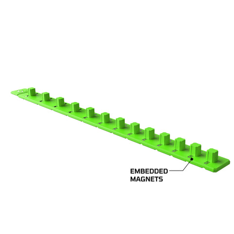 Three Eighths Inch Flexible Magnetic Socket Holder Rail Green That Attaches To Toolbox Or Ferrous Surfaces with embedded magnets