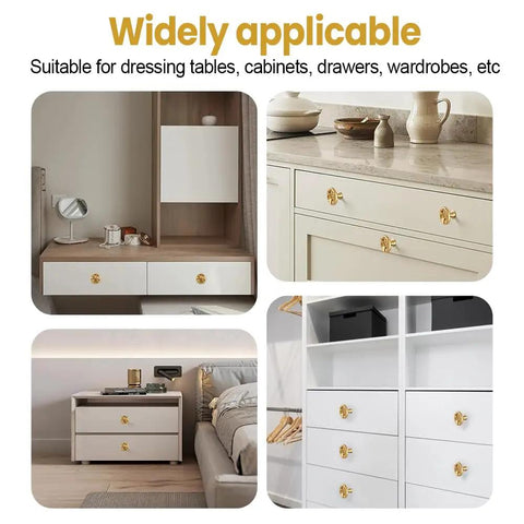Two Pack Zinc Alloy Cabinet Knobs With Floral 3D Design for dressers, wardrobes, and cupboards, shown on various furniture.