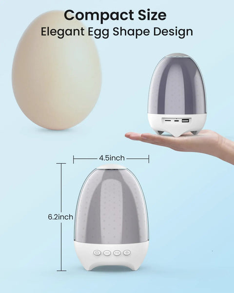 Night Light Bluetooth Speaker With 3D Glass Fireworks Lamp in elegant egg shape design, compact size on hand, dimensions 6.2x4.5 inches.