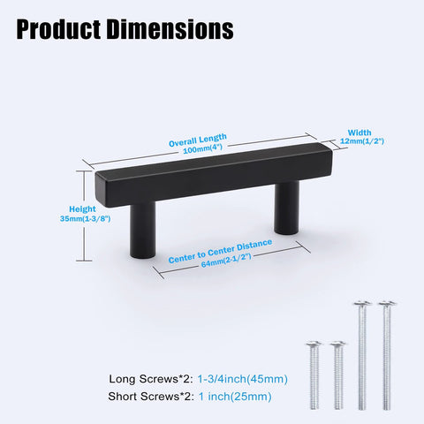 10 Pack Square Cabinet Pulls Two And A Half Inch Matte Black T Bar Dresser Drawer Pulls product dimensions with screws and measurements