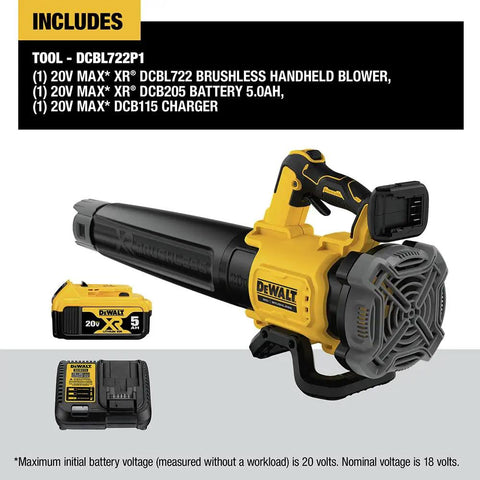 Cordless Leaf Blower With 450 CFM Airflow And 125 MPH Power, Quiet Brushless Motor, 20V Max XR, includes battery and charger