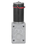 Real Deal DC12V Self Locking Gear Motor Featuring High Torque Metal Gears And Straight Up Single Shaft Speed Reduction, front view.