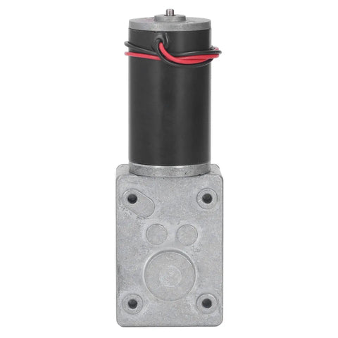 Real Deal DC12V Self Locking Gear Motor Featuring High Torque Metal Gears And Straight Up Single Shaft Speed Reduction, front view.