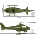 Side and top view of OD Green plastic helicopter from Air Support Helicopters 2 Pack OD Green Plastic Army Men Choppers US Made 1 50 Scale 8 Inch Long Battle Toys For Play And Collection Attack And Transport Missions shown with dimensions.