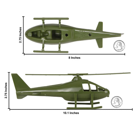 Side and top view of OD Green plastic helicopter from Air Support Helicopters 2 Pack OD Green Plastic Army Men Choppers US Made 1 50 Scale 8 Inch Long Battle Toys For Play And Collection Attack And Transport Missions shown with dimensions.