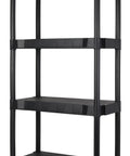 Heavy Duty Four Shelf Storage Rack For Garage And Pantry Rock Solid Build Handles Two Hundred Eighty Pounds Compact Black Plastic Organizer.