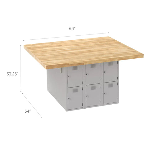 Heavy Duty 12 Bay Locker Workbench Station, Gray Baked Enamel Steel Frame With Solid Hardwood Top, 64x54x33 measuring workbench with lockers.