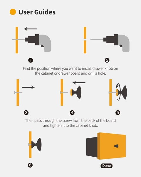Installation guide for 30 Pack Black Cabinet Knobs With Screws, 1-1/5 Inch Diameter, illustrating drilling and assembly steps.