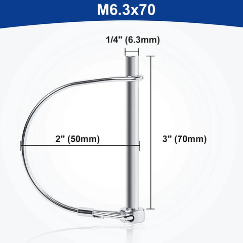 Two-Pack One Quarter Inch By Three Inch Trailer Hitch Pin Set Durable Zinc Plated Carbon Steel Coupler Pins For Farm Use Lawn Gear And Everyday Towing Heavy Duty Construction Easy Lock And Secure Fit shown in detailed view with dimensions and locking mechanism.