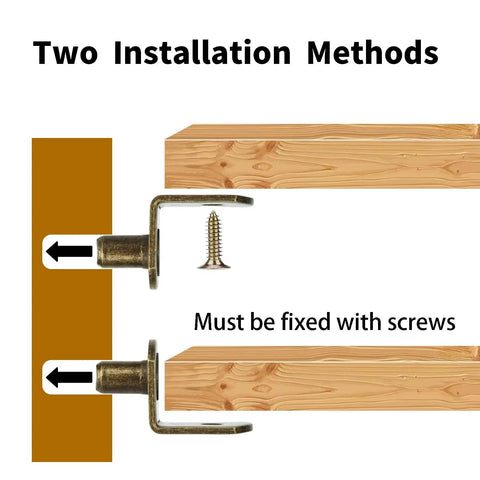 Illustration of two installation methods for Premium L Shaped Cabinet Shelf Clips With 6mm Holes 40 Pack Bronze Metal Support Pegs.
