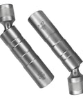 14mm And 16mm Thin Wall Magnetic Swivel Spark Plug Socket Set, Three Eighths Drive, 12 Point, Universal Joint, 360 Degree Rotating, Hella Easy In Tight Engine Bays, Works With BMW Nissan And More. Chrome vanadium steel sockets shown at angle