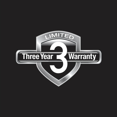 Silver shield badge with 'Limited Three Year Warranty' text on a black background