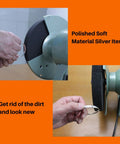 Heavy Duty 8 Inch Nylon Fiber Buffing Wheels Slick Metal Polishing Pads 180 Grit Bench Grinder Tank With 5/8 Inch Arbor polishing a silver item.