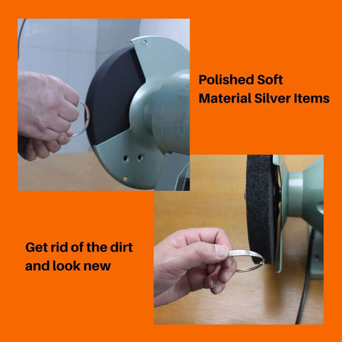 Heavy Duty 8 Inch Nylon Fiber Buffing Wheels Slick Metal Polishing Pads 180 Grit Bench Grinder Tank With 5/8 Inch Arbor polishing a silver item.