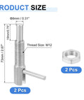Pair Of Heavy Duty M12 Retractable Indexing Plunger Pins With Nuts Rugged Stainless Steel Spring Loaded Latch Telescopic Locking Pin with size details.