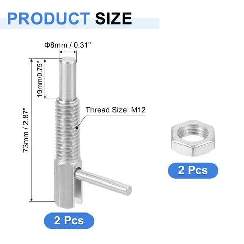 Pair Of Heavy Duty M12 Retractable Indexing Plunger Pins With Nuts Rugged Stainless Steel Spring Loaded Latch Telescopic Locking Pin with size details.
