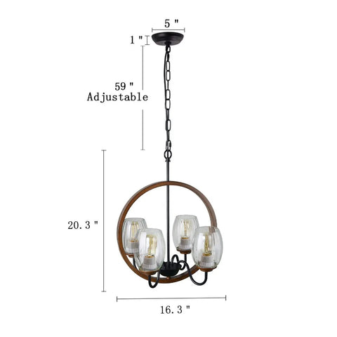 Rectangular Wood And Metal Chandelier With Rustic Kitchen Island Pendant Light, Industrial Vintage Hanging Ceiling Fixture, Black Finish, Three Lights, Adjustable Rods From 9 To 40 Inches shown with measurements