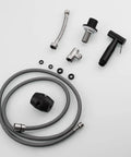 Stainless Steel Kitchen Sink Side Sprayer Set With Pull Out Hose And Holder, Black Finish, One Touch Lever, Deck Mount Spray Head, One Point Five Meter Extendable Hose For Flexible Cleaning Reach, disassembled view.