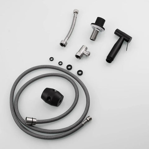 Stainless Steel Kitchen Sink Side Sprayer Set With Pull Out Hose And Holder, Black Finish, One Touch Lever, Deck Mount Spray Head, One Point Five Meter Extendable Hose For Flexible Cleaning Reach, disassembled view.