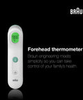 Forehead Digital Thermometer For All Ages Fast Read In Seconds Celsius And Fahrenheit Ergonomic Design Color Coded Temperature Guide Easy To Use For Babies, Kids And Adults. Braun forehead digital thermometer with green LCD display