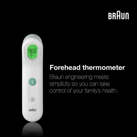 Forehead Digital Thermometer For All Ages Fast Read In Seconds Celsius And Fahrenheit Ergonomic Design Color Coded Temperature Guide Easy To Use For Babies, Kids And Adults. Braun forehead digital thermometer with green LCD display