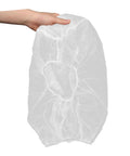 50 Count Elastic Hair Wraps Designed To Keep Your Mane Locked Tight While You Crush Every Shift At The Kitchen Cleanroom Or Facility Breathable Light Fabric Sticks Secure For Zero Fuss Dust Control On The Fly, held in hand.