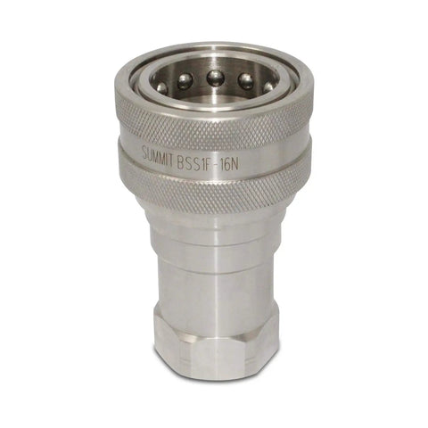 Heavy Duty One Inch Npt Stainless Steel Quick Disconnect Hydraulic Coupler Set Iso 7241 B shown from the front, features smooth finish and knurled grip.
