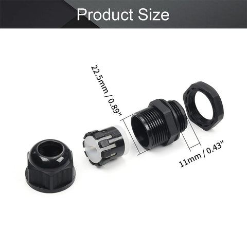 Detailed view of 5 Pack PG16A-04-10 Waterproof Cable Glands, 22.5mm thread, and 11mm length, for 4-10mm wire assembly.