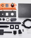 UMJIGF Led Digital Display Shower System Wall Mounted Concealed Shower Faucet Set Multifunction Matte Black parts including shower head, hose, and valves.