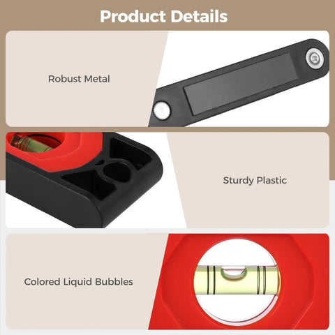 Foldable Level Tool For Woodworking With 180 Degree, 90 Degree, And 45 Degree Bubbles, Pro Grade Multi Function Leveler With Strong Holding Base, ABS Shell, 6 Fold Design, Portable Angle Tool, Unfolds To 28.3 Inches, metal and plastic detail