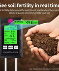 All In One 6 In 1 Soil Test Kit With LCD Display for Garden showing fertility reading next to hand holding soil