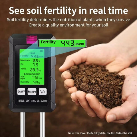 All In One 6 In 1 Soil Test Kit With LCD Display for Garden showing fertility reading next to hand holding soil