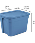 Straight Up Beast Mode 18 Gallon Plastic Storage Bin With Secure Snap On Lid Stackable Heavy Duty Moving Container For Workshop Home Office Or Backyard Shed Blue showing measurements and handle.