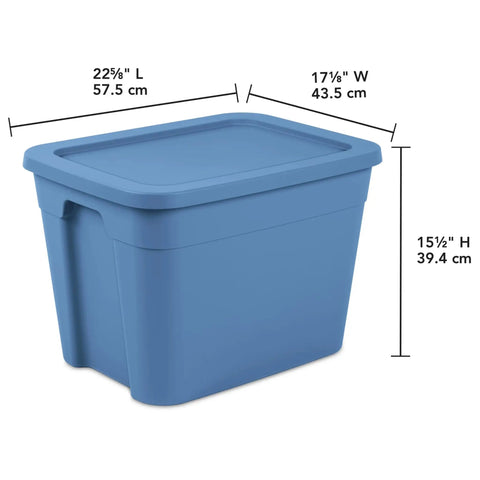 Straight Up Beast Mode 18 Gallon Plastic Storage Bin With Secure Snap On Lid Stackable Heavy Duty Moving Container For Workshop Home Office Or Backyard Shed Blue showing measurements and handle.
