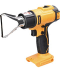 Cordless Rechargeable Hot Air Gun With Two Speed Temp Controls And Four Nozzle Set For Paint Stripping Shrink Wrap Fitting Thawing Fast Heating handheld tool in yellow and black.