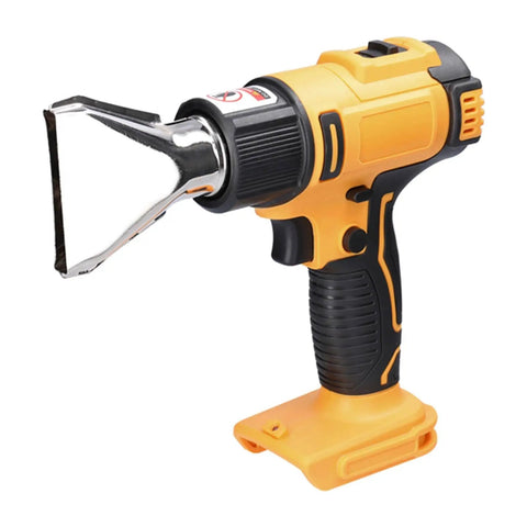 Cordless Rechargeable Hot Air Gun With Two Speed Temp Controls And Four Nozzle Set For Paint Stripping Shrink Wrap Fitting Thawing Fast Heating handheld tool in yellow and black.
