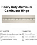 Ultra Beefy Heavy Duty Aluminum Continuous Piano Hinge With Solid Three Inch Pin And Ridiculously Long 96 Inch Length For Barn Doors shown from the front.