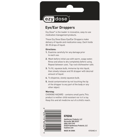 Back of Ezy Dose Glass Ear Droppers package with usage directions, featuring 1 Milliliter Precision Pipettes for precise dosage.