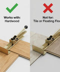 Dual-view image of brass hardwood flooring jack; left shows hardwood installation, right not for tile or floating floors.