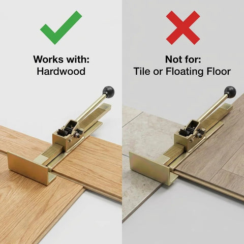 Dual-view image of brass hardwood flooring jack; left shows hardwood installation, right not for tile or floating floors.