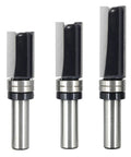 Badass Pattern Flush Trim Router Bit Set Featuring Solid Half Shank Dual Bearing Guides And Razor Sharp Micro Grain Carbide Teeth, three bits.
