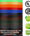 Colorful PET braided sleeves with certification logos, highlighting 100 Ft PET Expandable Braided Wire Sleeving One Quarter Inch Black Cable Loom.