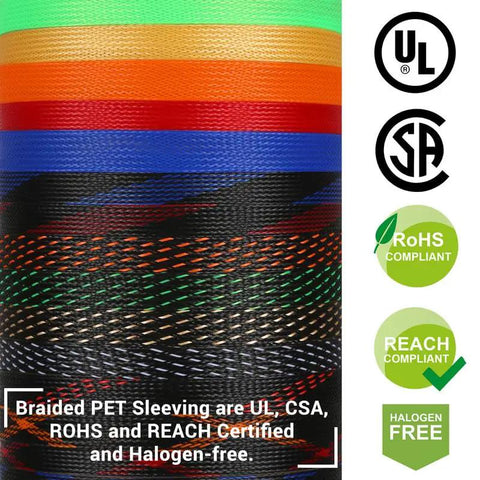 Colorful PET braided sleeves with certification logos, highlighting 100 Ft PET Expandable Braided Wire Sleeving One Quarter Inch Black Cable Loom.