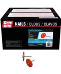 Box labeled 'Grip Rite Nails' with orange plastic cap nails; not related to One Inch Round Silver Plastic Cap Pack Of 2000 Count End Caps For DIY Projects Furniture Cabinets Plumbing And Automotive Hardware Made In China Durable Weather Resistant Multi Purpose End Caps For DIY Projects In Home And Workshop.