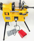 Bluerock Power PTM50-C Electric Motorized Pipe Threader Threading Machine with 750W motor on sturdy legs, cutting steel pipes.