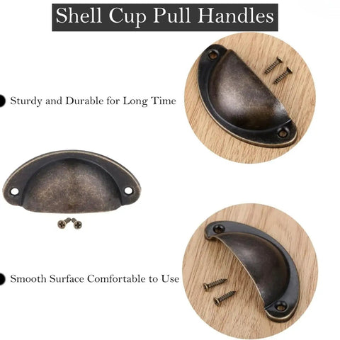 10 Piece Set Of Badass Antique Bronze Cup Pull Handles With Classic Half Moon Shell Design, Heavy Duty Solid Iron Hardware For Dresser And Closet, Hella Rustic Kitchen Furniture Knobs With Mounting Screws, showing solid iron cup pull handle and screws.