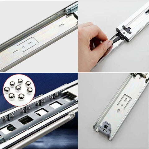 Heavy Duty Push To Open Drawer Slides Full Extension Ball Bearing Runners in close-up view, showcasing cold rolled steel and smooth glide.